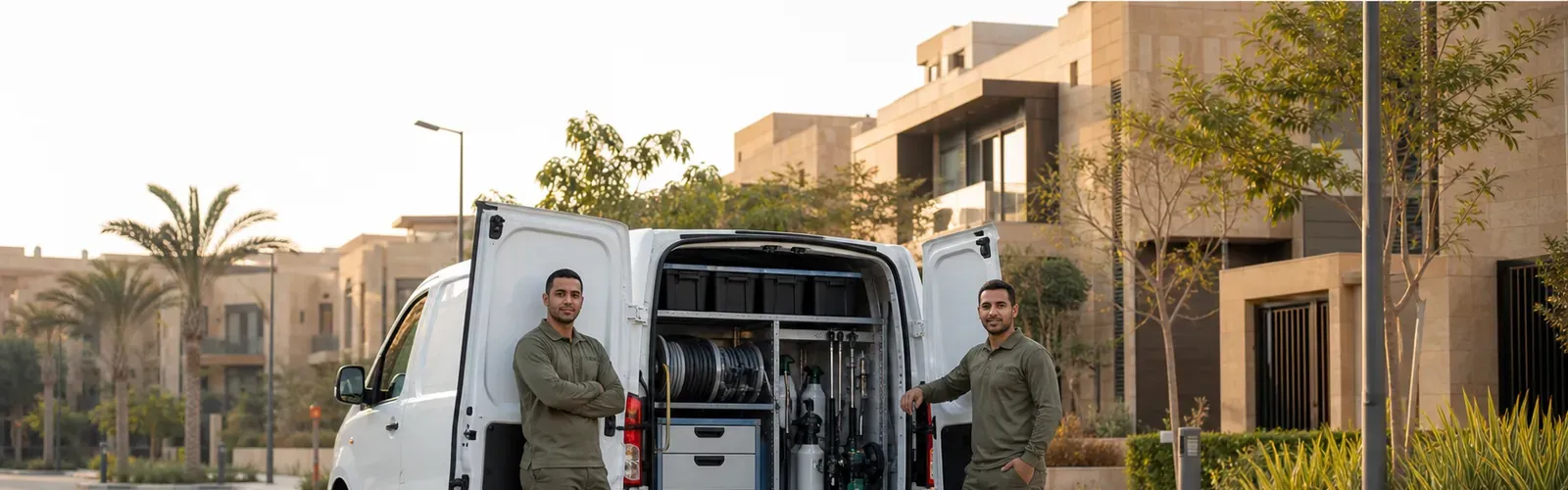 سيارة خدمة مجهزة وفنيان بزي العمل أمام مبنى حديث